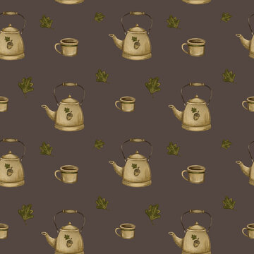 Seamless pattern of rustic teapots and mugs on warm brown background