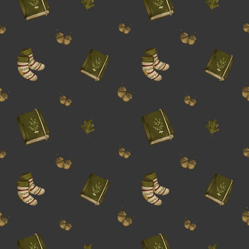 Seamless pattern of cozy books, socks, and acorns on dark gray