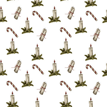 Festive Christmas Pattern With Lit Candles And Candy Canes On White