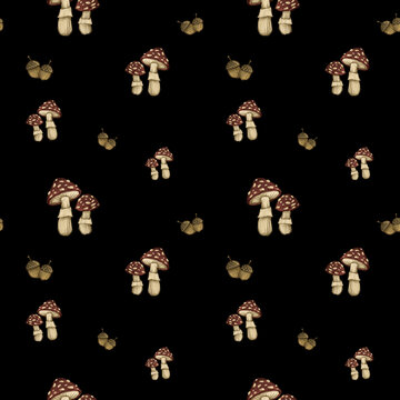 Seamless pattern of red mushrooms and acorns on a black background