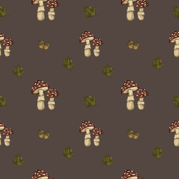 Seamless pattern of wild mushrooms and oak leaves on brown background