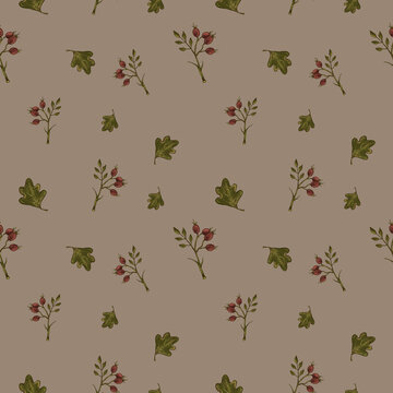 Seamless pattern of rosehip branches and oak leaves on brown