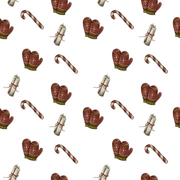 Cozy Christmas Pattern With Mittens And Candy Canes On White