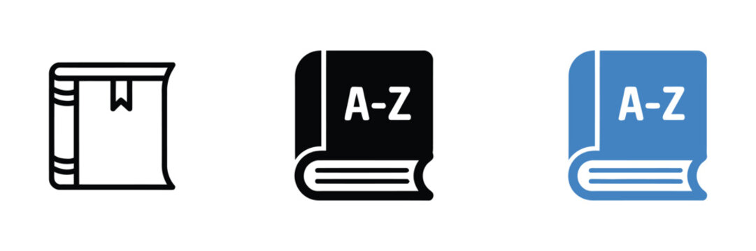 Dictionary and alphabet book icon set. Vocabulary and glossary pictograms for educational resources, language learning applications, reference guides, and knowledge management.