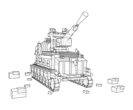 Tracked machine wireframe technical. Vector