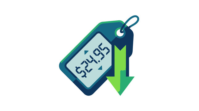 Price tag with downward arrow and dollar amount displayed vector illustration