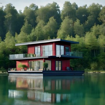 Modern red floating house on calm lake with forest background