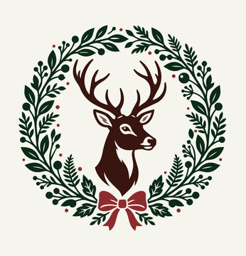 Deer in wreath holiday illustration