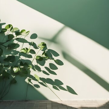 Green plant leaves shadow on pastel green white wall background