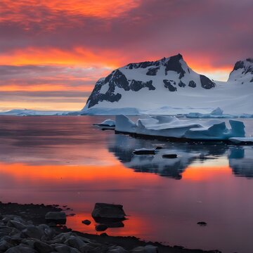 Beautiful Sunset Over Snowy Mountains and Icebergs in Antarctica Ocean
