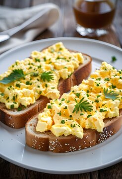 Creamy scrambled eggs on toasted bread with fresh chopped chives