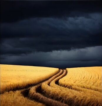 Golden wheat field under dark stormy sky before heavy rain