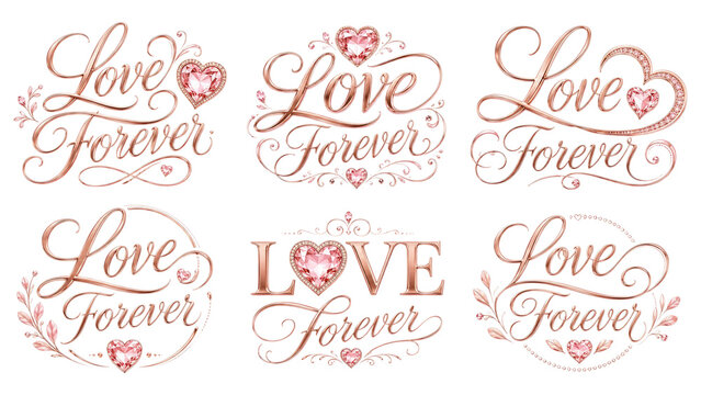 Six rose gold calligraphic "Love Forever" designs with hearts, diamonds and floral swirls for elegant wedding, anniversary and romantic stationery
