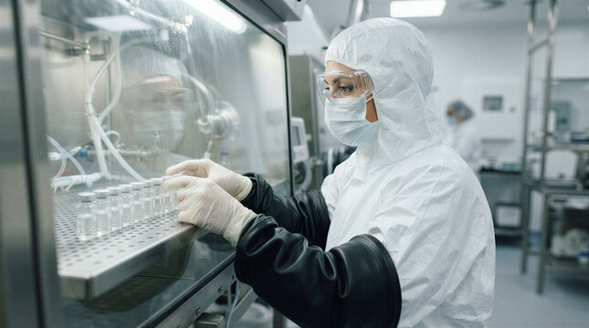 Pharmaceutical technician in sterile cleanroom coverall and goggles inspecting borosilicate glass vials through an isolator glovebox window in a pharmaceutical manufacturing laboratory.