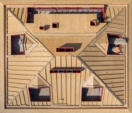 Top Down Aerial View Of Geometric OSB Wooden Roof Sheathing