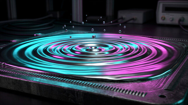 Cyan and magenta acoustic pressure waves rippling across a glossy liquid mercury pool on a vibrating resonator plate in an acoustics laboratory, with micro-droplets rising in concentric rings.