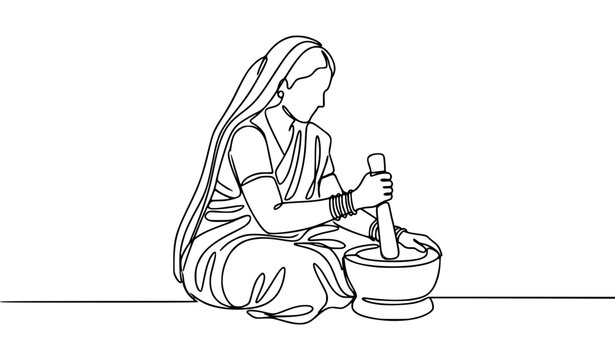 Continuous one line art vector of Indian village woman making chutney with kundi sota