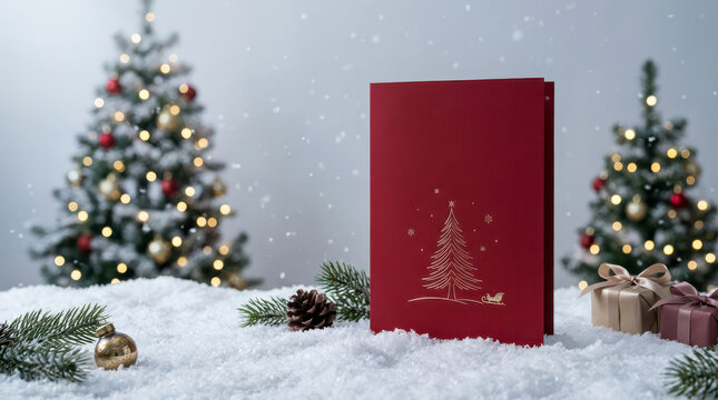 Merry Christmas greeting card featuring an elegant red holiday card with golden Christmas tree design, snowy pine trees, wrapped gifts and festive ornaments on a soft winter background