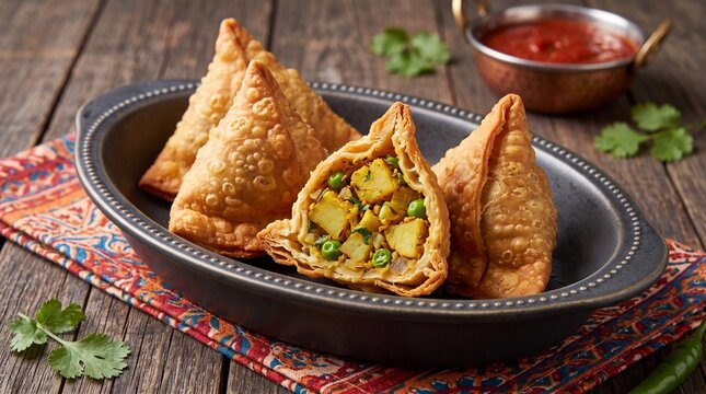 crispy fried indian vegetable samosas stuffed with spiced potatoes and peas