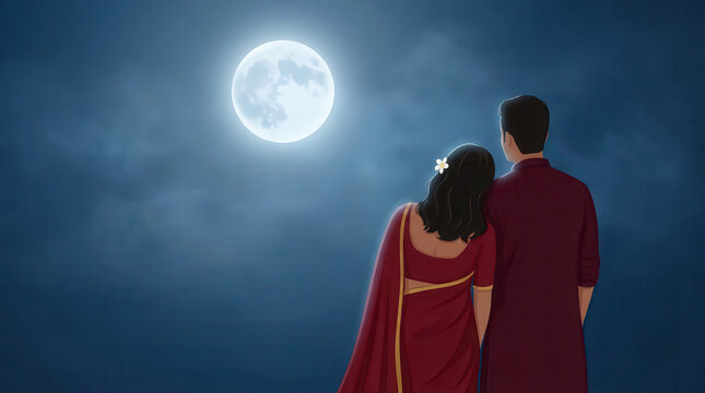 Romantic lofi album cover art featuring an Indian couple embracing under a glowing full moon, gazing at the moonlit sky in traditional attire with dreamy blue clouds and cinematic night scenery