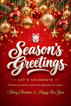 Season's Greetings Christmas holiday poster featuring elegant white calligraphy, hanging golden and red baubles, sparkling stars, glowing fairy lights and festive ornaments on a rich red background