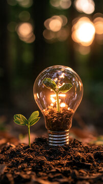 Glowing light bulb with a green sprout inside standing in soil beside a young seedling blurred forest background with a vignette dark background low key light bulb sustainable energy