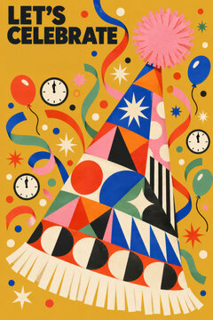 Let's Celebrate Happy New Year greeting poster featuring a colorful geometric party hat, festive balloons, midnight clocks, playful streamers and confetti on a vibrant yellow retro background