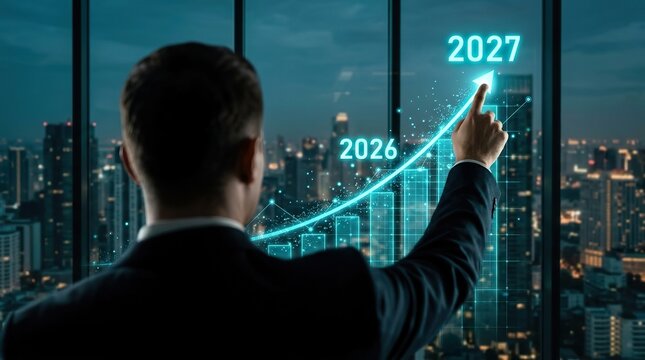 A business professional is seen interacting with a compelling futuristic data visualization showing growth projections over a beautiful vibrant city skyline