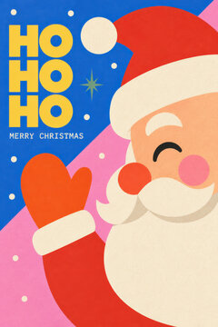 Ho Ho Ho Merry Christmas greeting card featuring a cheerful winking Santa Claus waving in a red suit and hat with bold yellow festive lettering on a bright blue and pastel pink background