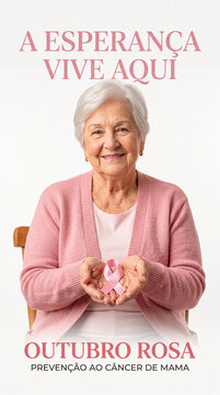 Woman holds pink ribbon for breast cancer awareness