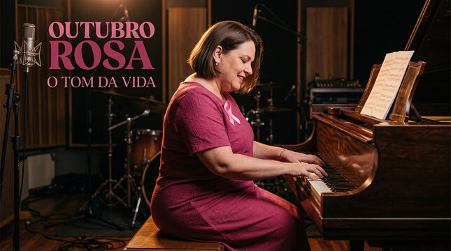Woman plays piano wearing pink ribbon