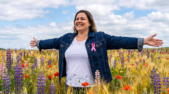 Woman with pink ribbon in flower field