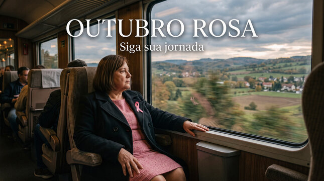 Woman with pink ribbon travels by train
