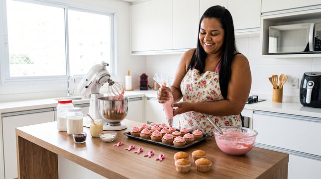 Woman decorating cupcakes in a kitchen