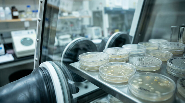 Laboratory anaerobic chamber glove box with bacterial colonies growing on agar Petri dishes in a microbiology laboratory, concept of gut microbiome research and scientific discovery