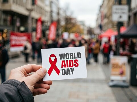 Hand holding a world aids day sign during a public awareness demonstration