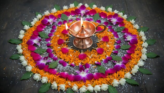 Colorful rangoli design with oil lamp centerpiece