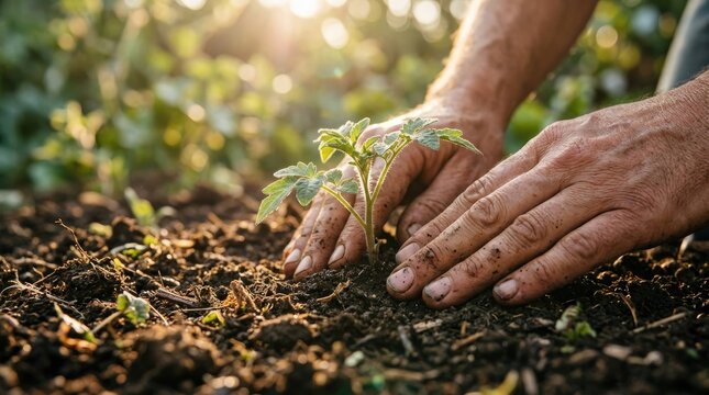 Hands gently sifting through rich garden soil during a sunny spring day