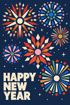 Happy New Year greeting card featuring colorful geometric fireworks, sparkling stars, festive confetti and bold white typography on a dark navy blue background in a playful retro illustration style