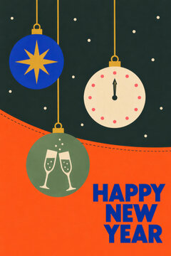 Happy New Year greeting poster Card featuring colorful hanging ornaments with golden star, midnight countdown clock and champagne glasses on a vibrant orange and dark green geometric background