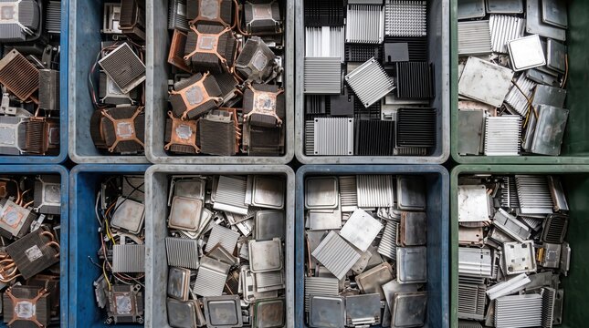 Top-down view of organized plastic bins filled with assorted aluminum and copper computer heat sinks ready for electronic waste recycling and scrap metal processing.