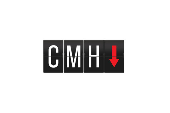 Airport departure board displaying CMH for Columbus and a red downward-pointing arrow, symbolizing a decrease, decline, or downward trend