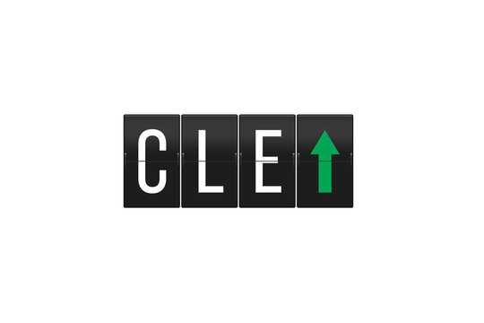 CLE airport code appearing on a split-flap display with an upward green arrow, indicating flight departures or an upward trend