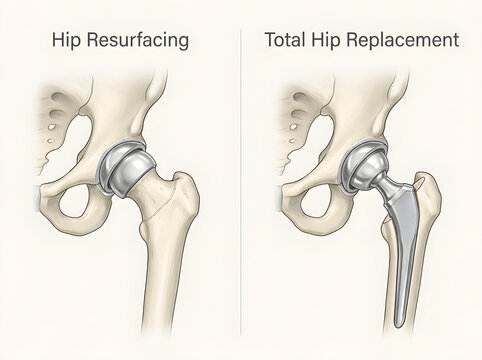 Hip resurfacing vs total hip replacement comparison illustration isolated on white background