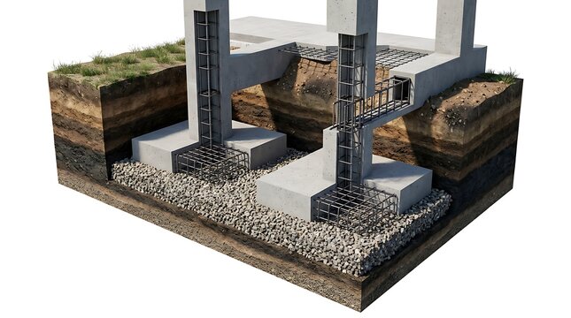 Concrete building foundation cutaway showing steel rebar reinforcement and gravel base layer