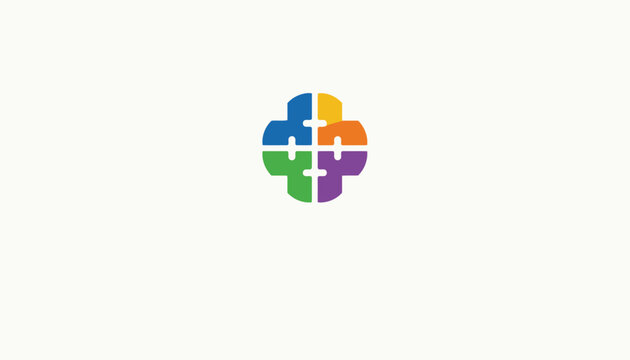 Colorful medical cross puzzle logo created with connected interlocking pieces represents healthcare teamwork and pharmacy support.