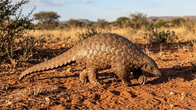 Rare Temminck's ground pangolin walking across the arid African savanna at golden hour