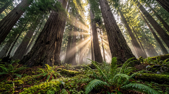 Sunlight passes between redwood trees above a forest floor covered in ferns