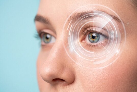 Close-up of woman&rsquo;s eye with digital scanning interface, biometric identification concept on blue background