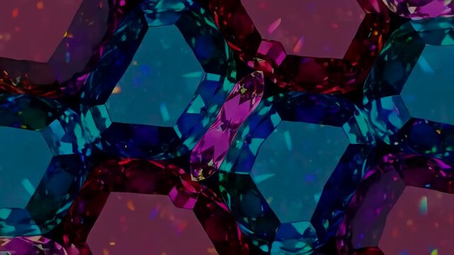 Abstract kaleidoscopic geometric crystal pattern with glowing blue and purple facets, seamless motion background video